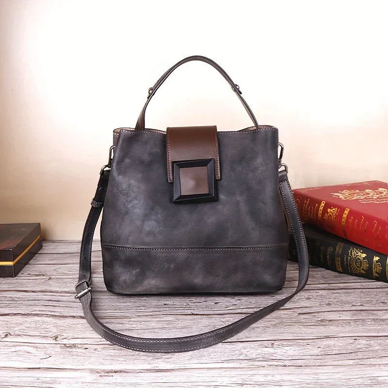 Vintage-style Solid Color Genuine Leather Crossbody Bag